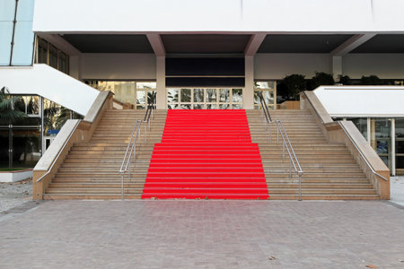 Famous red carpet stairway at festival hall in Cannesの写真素材
