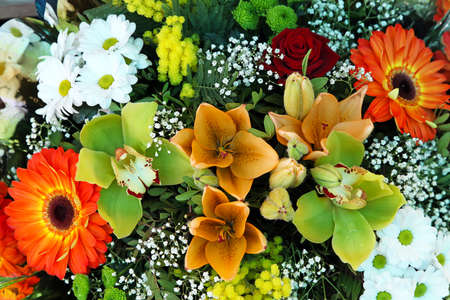 Colourful bouquet with exotic orchids and flowers