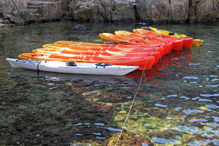 Group of plastic kayaks at mooring in Adriatic seaの写真素材
