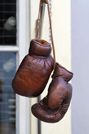 Vintage style real brown leather boxing glovesの写真素材