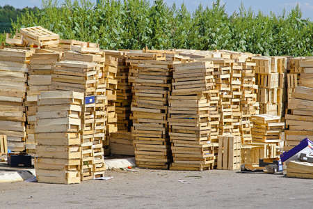 Piles and staks of wooden crates for fruits
