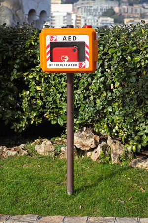 Automated External Defibrillator in the box at pole