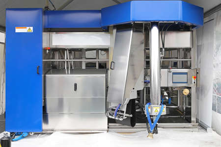 Automated milking station dairy equipment at modern farm