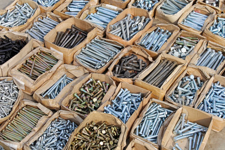 Boxes of screws and bolts in hardware shop
