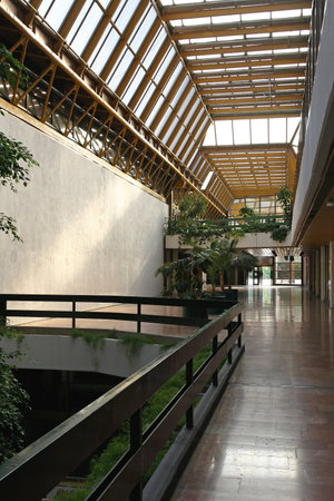 Long and high corridor in industrial interiorのeditorial素材