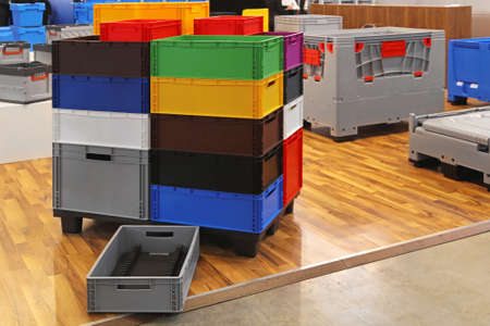 Colourful plastic boxes and crates for transport