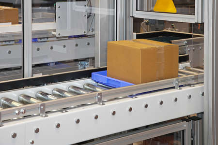 Carboard box at conveyor rollers in factory