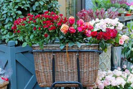 Big basket of fresh rose flowersの写真素材
