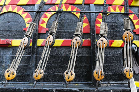 Pulley and ropes at Golden Hind tall shipの写真素材