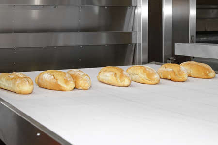 Commercial baking oven with bread at conveyer belt