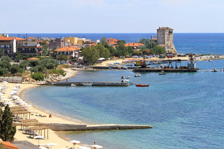 OURANOUPOLI, GREECE - JUNE 27  Ouranoupoli in Chalcidice on JUNE 27, 2011  Aerial view of Ouranoupoli waterfront in Chalcidice, Greece のeditorial素材