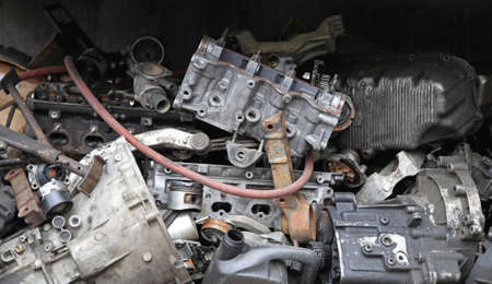 Pile of scrap metal from engines and car parts