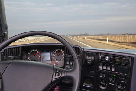 View from truck cabin at freeway road