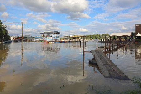 BELGRADE, SERBIA - MAY 17  Floods in Belgrade on MAY 17, 2013  Floating restaurants and clubs at flooded Sava River in Belgrade, Serbia のeditorial素材