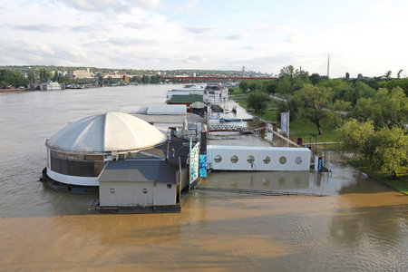 BELGRADE, SERBIA - MAY 17  Floods in Belgrade on MAY 17, 2013  Floating restaurants and clubs at flooded Sava River in Belgrade, Serbia のeditorial素材