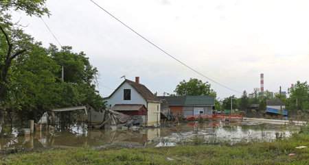 OBRENOVAC, SERBIA - MAY 24  Flood in Obrenovac on MAY 24, 2013  Flooded and ruined houses near power plant in Obrenovac, Serbia のeditorial素材