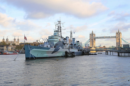 LONDON, UNITED KINGDOM - NOVEMBER 23  HMS Belfast in London on NOVEMBER 23, 2013  Royal Navy floating museum at Thames RIver in London, United Kingdom のeditorial素材