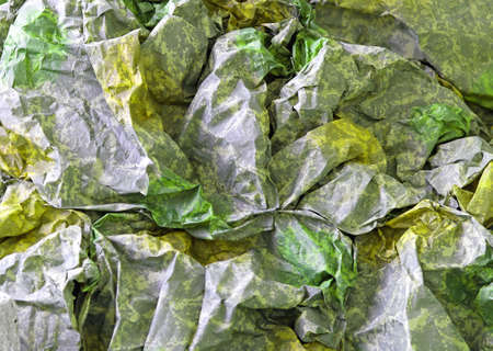 Wrinkled and crumpled green paper backgroundの写真素材