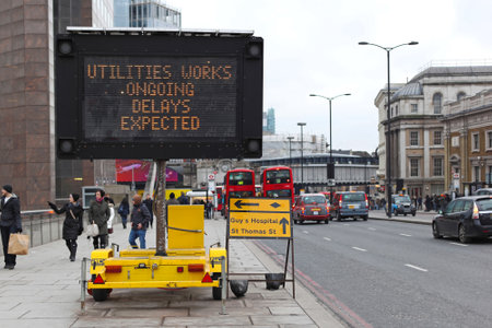 LONDON, UNITED KINGDOM - JANUARY 25  Delays Expected traffic info board in London on JANUARY 25, 2013  Portable Variable Message Sign at Southwark in London, United Kingdom のeditorial素材