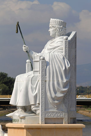 SKOPJE, MACEDONIA - SEPTEMBER 17  Justinian I statue in Skopje on SEPTEMBER 17, 2012  White marble monument Justinian the Great Emperor of the Byzantine Empire in Skopje, Macedonia のeditorial素材