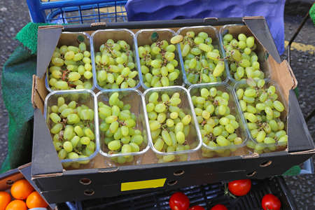 White grapes in plastic trays at farmers marketの写真素材