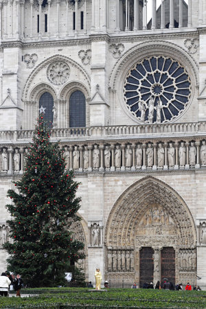 PARIS, FRANCE - JANUARY 6: Notre Dame Cathedral on JANUARY 6, 2010. Famous French Gothic Roman Catholic Church with big Chrismas tree in Paris, France.のeditorial素材