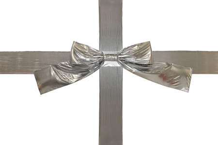 Silver bow and ribbon gift wrapの写真素材