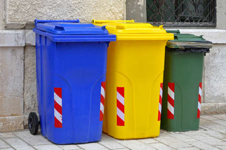 Recycling and sorting plastic trash cansの写真素材