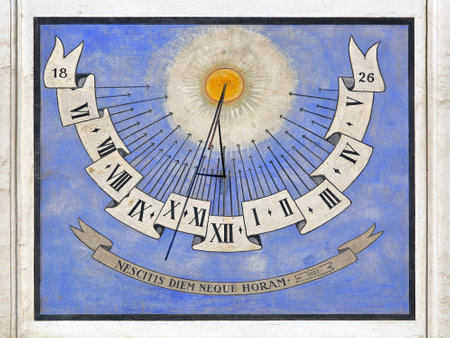 LJUBLJANA, SLOVENIA - OCTOBER 12: Sundial in Ljubljana on OCTOBER 12, 2014. Medieval sun dial clock at church wall in Ljubljana, Sloveniaのeditorial素材