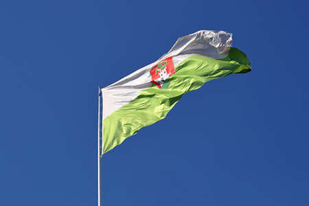 Flag of Ljubljana city in Slovenia flying at windの写真素材