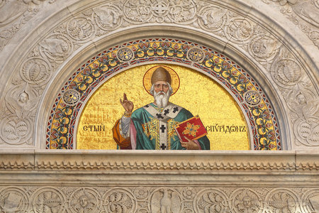 TRIESTE, ITALY - OCTOBER 14: Saint Spyridon mosaic in Trieste on OCTOBER 14, 2014. Fresco icon of St. Spiridon at Serbian Orthodox Parish in Trieste, Italy.のeditorial素材