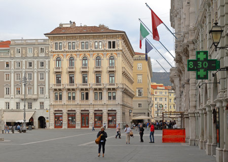 TRIESTE, ITALY - OCTOBER 14: Downtown Square in Trieste on OCTOBER 14, 2014. Main Great Square of Italian Unity with municipal building in Trieste, Italy.のeditorial素材