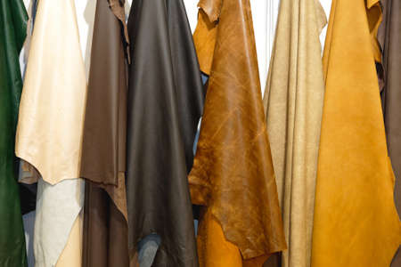 Leather pelt color raw material hangingの写真素材