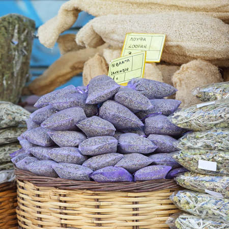 Dried Lavander in bags at Farmers Marketの写真素材
