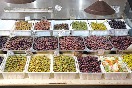 Big Selection of Olives at Market in Greeceの写真素材