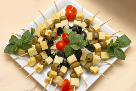 Cheese Skewers With Olives Served at Trayの写真素材