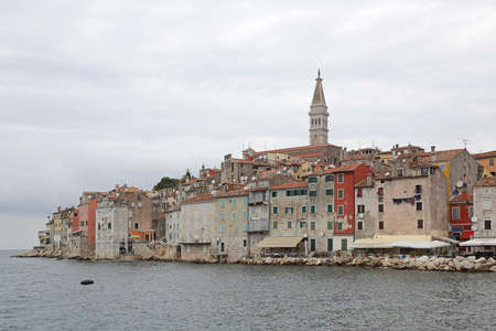 Colorful Houses and Church Tower in Rovinj Croatiaの写真素材