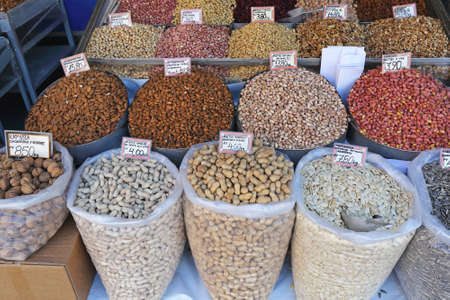 Various Nuts in Bulk Sacks at Farmers Marketの写真素材