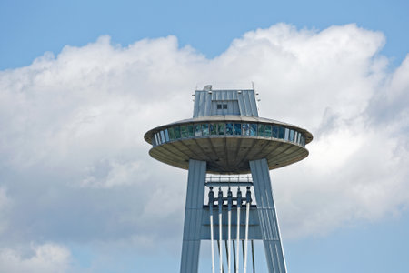 UFO Restaurant in Flying Saucer Shape Structure on Top of Bridge Pylon in Bratislavaのeditorial素材