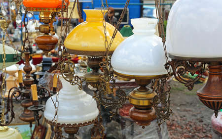 Antique Hanging Lamps And Chandeliers at Flea Marketの写真素材