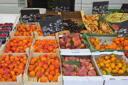Fruits and Vegetables in Crates at Farmers Marketの写真素材