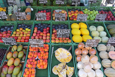 Various Fruits in Crates at Farmers Marketの写真素材