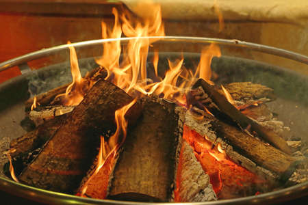 Log Fire in Circular Metal Firepit Tray