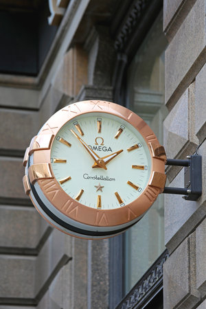 VIENNA, AUSTRIA - JULY 12: Omega Clock Sign in Wien on JULY 12, 2015. Omega Constellation Watch Sign...