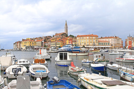 ROVINJ, CROATIA - JUNE 20: Rovinj Harbour on JUNE 20, 2010. Port and Picturesque Town with Colorful Houses in Rovinj, Croatia.のeditorial素材