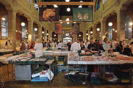 RIJEKA, CROATIA - OCTOBER 17: Shoppers at Fish Market in Rijeka on OCTOBER 17, 2014. People Shopping at Sea Food Market in Rijeka, Croatia.のeditorial素材