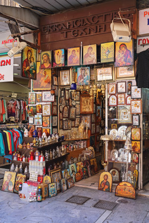 ATHENS, GREECE - MAY 05: Orthodox Church Store in Athens on MAY 05, 2015. Icons and Candles in Religious Shop in Downtown Athens, Greece.のeditorial素材