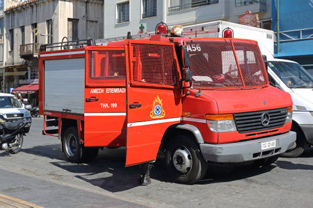 ATHENS, GREECE - MAY 04: Greece Firefighters Truck in Athens on MAY 04, 2015. Hellenic Fire Brigade...