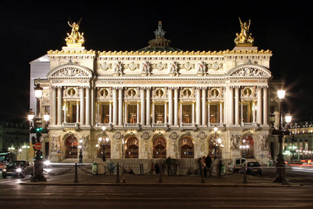 PARIS, FRANCE - JANUARY 05: Paris Opera at Night on JANUARY 05, 2010. Illuminated Palais Garnier Theatre and Opera House at Night in Paris, France.のeditorial素材