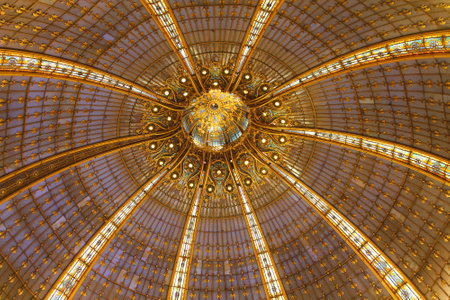 PARIS, FRANCE - JANUARY 07: Galeries Lafayette Dome Globe in Paris on JANUARY 07, 2010. Skylight Ceiling Window in Golden Shopping Centre Lafayette Gallery in Paris, France.のeditorial素材
